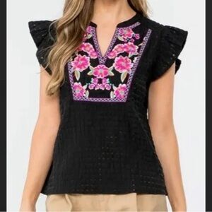 THML embroidered black top with flutter sleeve, size L